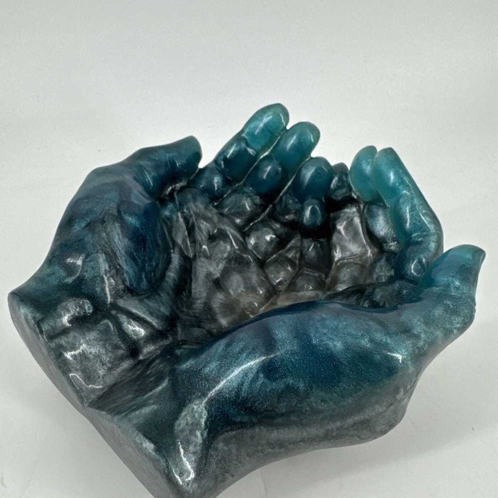 Bowl Resin Hands Blue Gray Jewelry Holder Nightstand Container Gift 6"‎ x 5.75"